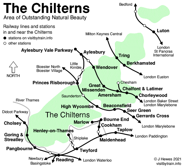 Map of The Chilterns showing railway lines and stations